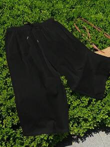 SHEIN PETITE CURVE 大尺碼女款純色極簡抽繩腰鬆身長褲，適合日常穿著 - 黑色 - 查看 5