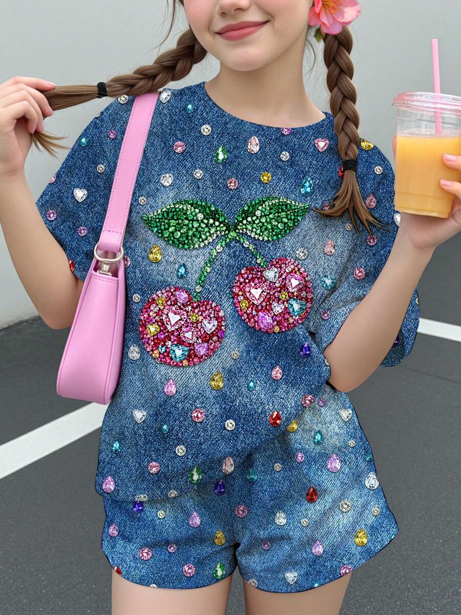 女童休閒極簡可愛甜美波點亮面質感櫻桃印花短袖短褲兩件套 夏季 7 歲生日 - 彩色 - 查看 1