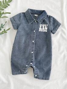 SHEIN Vintaside Kids 男嬰夏季卡通文字短袖連身衣連身褲 - 藍白色 - 查看 2