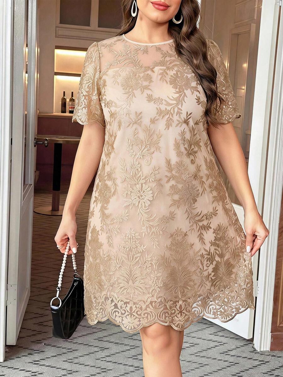 Reflora Plus Size Summer Elegant Embroidered Mesh Dress Formal Wedding Beige - Champagne - View 1