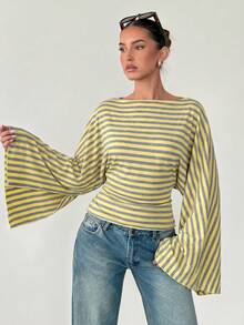 Siren Gaze Retro Striped Boat Neck Loose Top | Batwing Sleeve Slimming Cropped Top - Casual Vacation/Everyday Style - Green - View 6