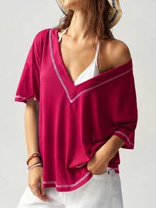 Bohemela Women's Casual Boho Solid Color V-Neck Short Sleeve Loose Regular Fit Knit T-Shirt Beach Pink Sequin Summer - Hot Pink - View 7