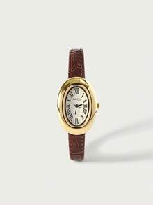 Glisma 1pc Women's Oval Roman Numerals Casual Elegant Quartz Wrist Watch, Suitable For Daily Wear - Brown - View 1