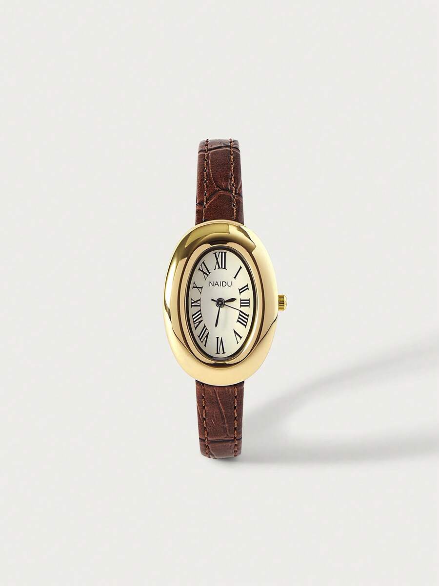 Glisma 1pc Women's Oval Roman Numerals Casual Elegant Quartz Wrist Watch, Suitable For Daily Wear - Brown - View 1