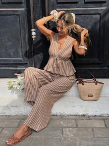 SHEIN Tall CURVE Pantalones acampanados de punto beige estilo boho casual elegante para mujer talla grande, con estampado plisado en la cintura, extra largos, para verano, vacaciones, fiesta del té, brunch, playa y eventos formales - Café integral - Ver 9