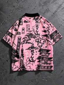 ROMWE MEN Anime Men's Streetwear Japanese Print Polo Shirt, Suitable For Spring And Summer - Red - View 2