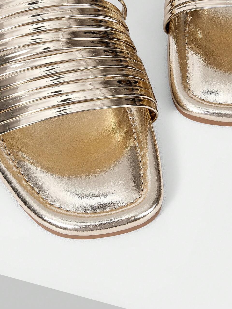 MOTF WOMEN'S MINIMALIST STYLE METAL THIN STRAP OPEN-TOED SANDALS, SQUARE TOE MULTI-STRAP PARTY FLAT SLIPPERS AND VACATION BEACH SHOES