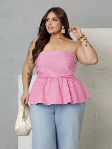Bibi Tomais Plus Size Women Striped Bandeau Tight Fitted Cropped Top Summer - Hot Pink - View 2