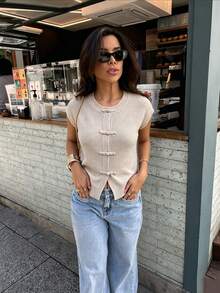 SHEIN PariChic 女款圓領新中式針織上衣，配盤扣，春秋日常百搭通勤修身襯衫 - 杏色 - 查看 5