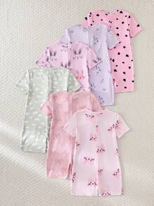 SHEIN 6件随机发货，2件女童弹力拉链连体衣，柔软简约，紫色、绿色、粉色、花朵、爱心、猫咪、蝴蝶结、云朵、兔子图案，夏季家居服 - 彩色 - 查看 2