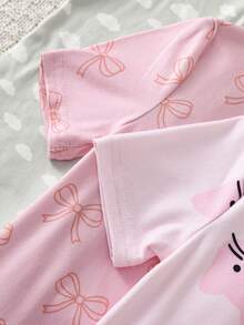 SHEIN 6件随机发货，2件女童弹力拉链连体衣，柔软简约，紫色、绿色、粉色、花朵、爱心、猫咪、蝴蝶结、云朵、兔子图案，夏季家居服 - 彩色 - 查看 4