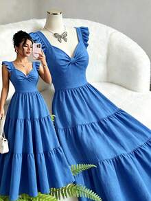 Elenzga Vestido largo de línea A con cuello cuadrado y mangas con volantes, de unicolor y elegante, para mujer de talla grande. Cinturón elástico en la cintura, ajuste ceñido, elegante y apropiado para uso diario, cenas y citas, primavera/verano - Azul - Ver 3