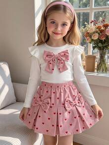 SHEIN Elladie kids 返校季女童幼童甜美兩件套：荷葉邊長袖上衣配大蝴蝶結細節，全幅愛心印花燈芯絨百褶裙配側邊雙蝴蝶結，可愛公主風 4-7 歲女童春夏秋冬日常上學套裝 - 粉色 - 查看 4