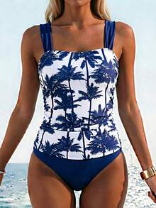 Swim Lushoire Women's 2 Pieces Swimwear Set With Floral Print, Thick Straps, Ruched Slimming Fit, Summer Holiday Beach Wear - Blue and White - View 3