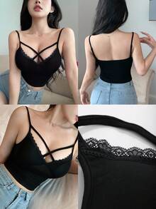 DAZY Ladies' Solid Color Spliced Lace Hollow Out Camisole Top Going Out Tops Summer Tank Tops - Black - View 11