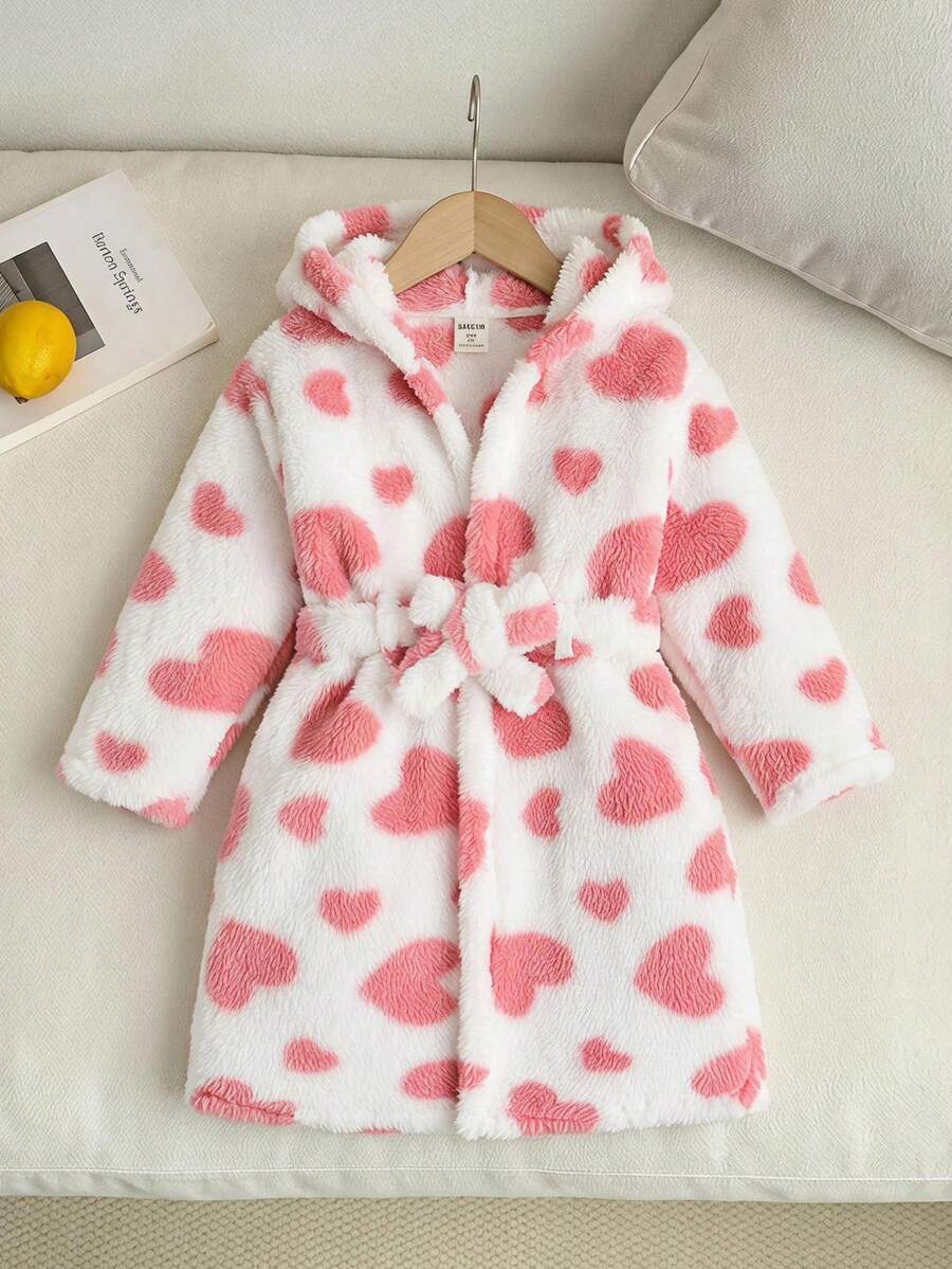 SHEIN 女童愛心圖案保暖內裡加厚毛絨連帽長袖繫帶居家睡袍 秋季睡衣 - 彩色 - 查看 1