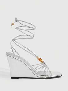 CUCCOO SZL Ladies Fashion Elegant Party, Thick Heel Wedge, Square Toe Kink, Lace-Up Beaded Sandals - Silver - View 2
