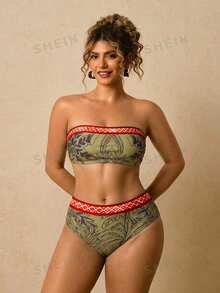 Travachic Conjunto de traje de baño tankini con estampado geométrico & de plantas tropicales para tallas grandes - Multicolor - Ver 3