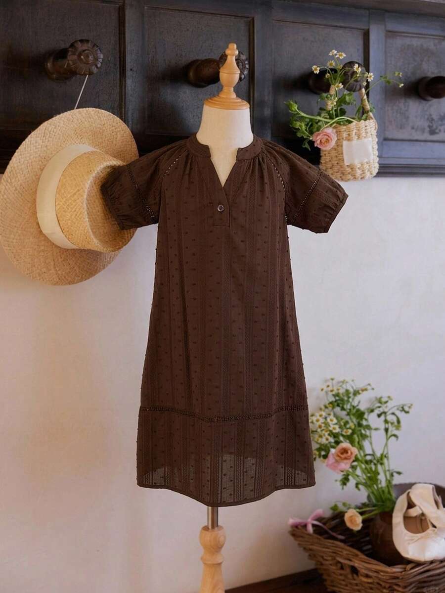 Dazy Kids Young Girl Solid Color V-Neck Casual Daily Summer Dress - Brown - View 1