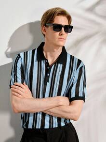 VeloEdit 男士休闲商务条纹Polo衫，适合日常通勤和休闲穿着，百搭 - 藍色 - 查看 6