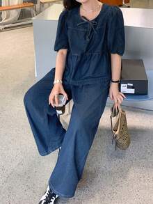 Dazy Plus Dark Washed Blue Puff Sleeve Loose Top & Casual Long Denim Pants Plus Size Women's Vacation Style Denim Set, Spring/Summer - Dark Wash - View 7