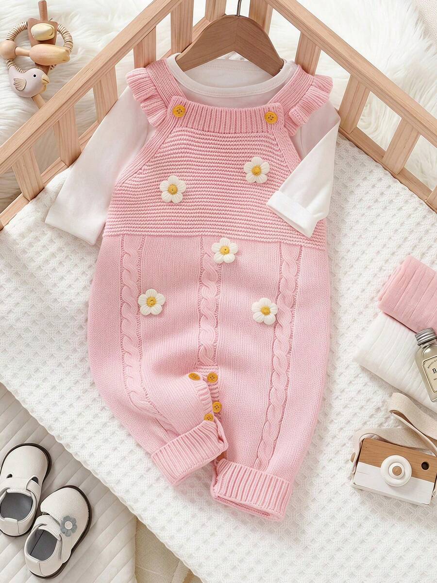 SHEIN LMoss Kids 女嬰荷葉邊連身褲,連身褲,時尚甜美套裝,女嬰針織連身褲,女嬰針織套裝,粉色女嬰連身褲,女嬰毛衣連身褲,女嬰吊帶褲,秋季女嬰服飾,冬季女嬰服飾,秋季服飾,冬季服飾,女嬰秋季毛衣套裝,女嬰冬季連身褲,女嬰毛衣套裝,粉色女嬰針織連身褲,吊帶領口,可愛荷葉邊細節,適合秋季穿著,3D花卉 - 粉色 - 查看 1