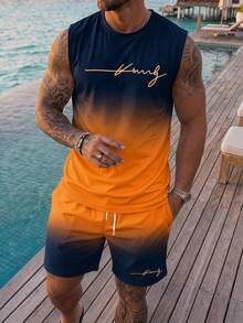 VIVINTIMO Conjunto de camiseta sin mangas con estampado de letras y pantalones cortos con cintura de cordón para hombre - Naranja - Ver 5