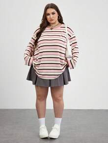 SHEIN CURVE+ مقاس كبير 2026 خريف رقبة دائرية مكشوفة الكتف وردي فضفاض 1920s 80s طويل، شتاء 22W العودة إلى المدرسة - متعدد الألوان - مشاهدة 6