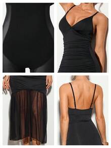 Nuvra Vestido de fiesta elegante y sexy con volantes en los tirantes y el bajo, de unicolor para mujer - Negro - Ver 2