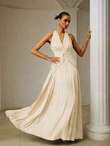 ZEYLAH Elegant Extra-Long Fitted Dress With Ruched Ruffle Hem, Spring/Summer - Apricot - View 5