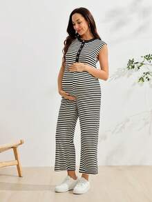 SHEIN Mono casual de maternidad con media tapeta de botones y rayas - Blanco y Negro - Ver 5