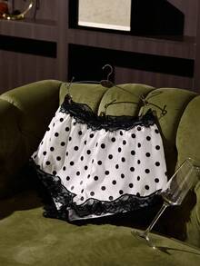 SilkySpell Lace Trim Polka Dot Print Faux Silk Sexy Pajama Shorts - Multicolor - View 1
