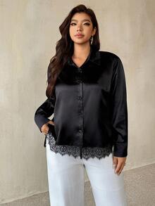 Auralis Plus Size Women's Solid Color Single-Breasted Casual Versatile Daily Wear Shirt Fall - Black - View 8