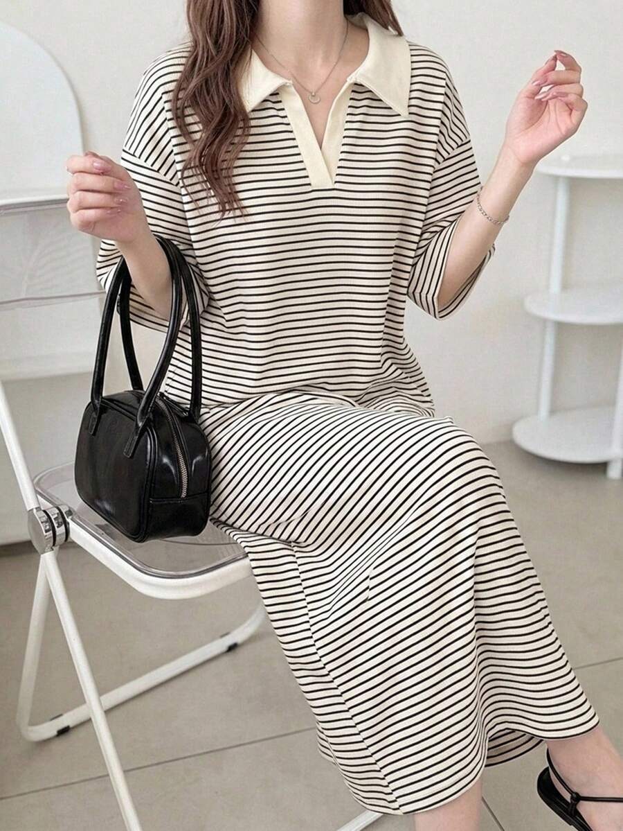 FRIFUL 女款條紋休閒日常夏季長洋裝 - 杏色 - 查看 1