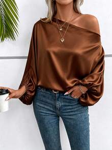 SHEIN 女款素色不對稱肩休閒百搭日常穿著襯衫 - 棕色 - 查看 5