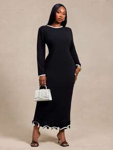 Radiana Curve Plus Size Women's Trimmed Round Neck Long Sleeve Fitted Elegant Dress Fall - Black and White - View 6