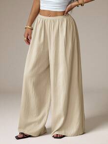 SHEIN PETITE 夏季寬鬆紋理休閒度假寬腿長褲 - 杏色 - 查看 5