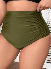 Slaydiva Plus Size Women's Solid Color Bikini Bottoms, Ultra High Waist, Ruched Tummy Control - Army Green - View 5