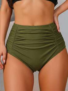 Slaydiva Plus Size Women's Solid Color Bikini Bottoms, Ultra High Waist, Ruched Tummy Control - Army Green - View 9