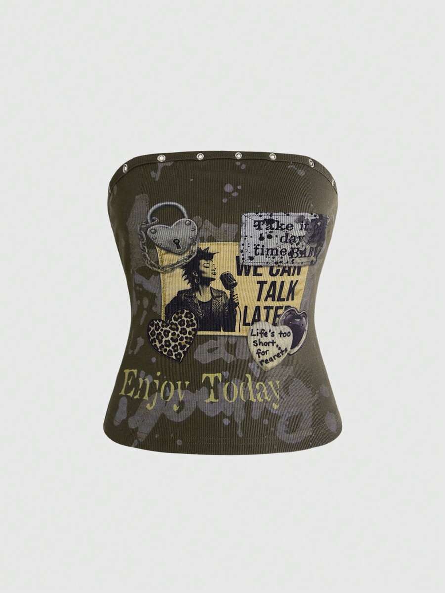 ROMWE Grunge Punk Grunge Style Distressed Vintage Streetwear Y2k Punk Metal Rivet Embroidered Tight Fitted Tube Top For Women Night Out Olive Green Summer Club Night - Army Green - View 1