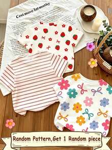 Souflis Souflis (3 piezas aleatorias, se envía 1 pieza) Camiseta corta básica para bebé niña con estampado de rayas de fresa, lazo y flores de arroz coloridas, uso diario para todas las estaciones - Multicolor - Ver 2