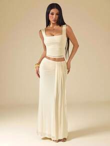 SHEIN PETITE Apricot Ruched Bandeau Top & Low Waist Ruched Flowy Maxi Skirt 2 Pieces Set, Beach Holiday Outfit, Summer Boho Backless, Women's Concert Attire, Bridesmaid 2 Pieces,Work Outfits For Women ,Petite Women - Apricot - View 6
