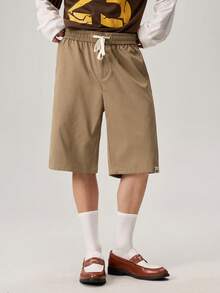 Vaulklash Loose Men's Shorts With Letter Patchwork And Drawstring Waist - Khaki - View 5