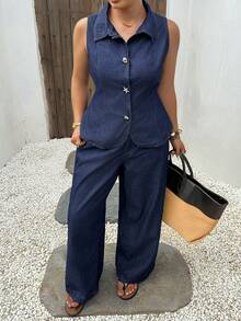 Dazy Plus Dark Wash Blue Denim Set, Fitted Sleeveless Denim Top With Starfish Button Decor, Loose Long Denim Pants, Plus Size Women Spring Summer - Dark Wash - View 6