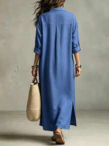 SHEIN Holidaya French Linen Look Chambray Shirt Maxi Dress, Collar Roll Tab Sleeve Side Slit Loose Tunic Dress - Navy Blue - View 2