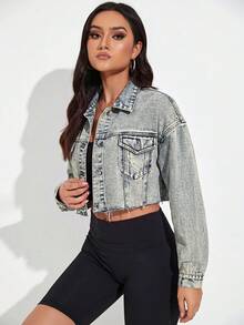 SHEIN Essnce 休閒水洗短版牛仔夾克 - 中等水洗藍 - 查看 6