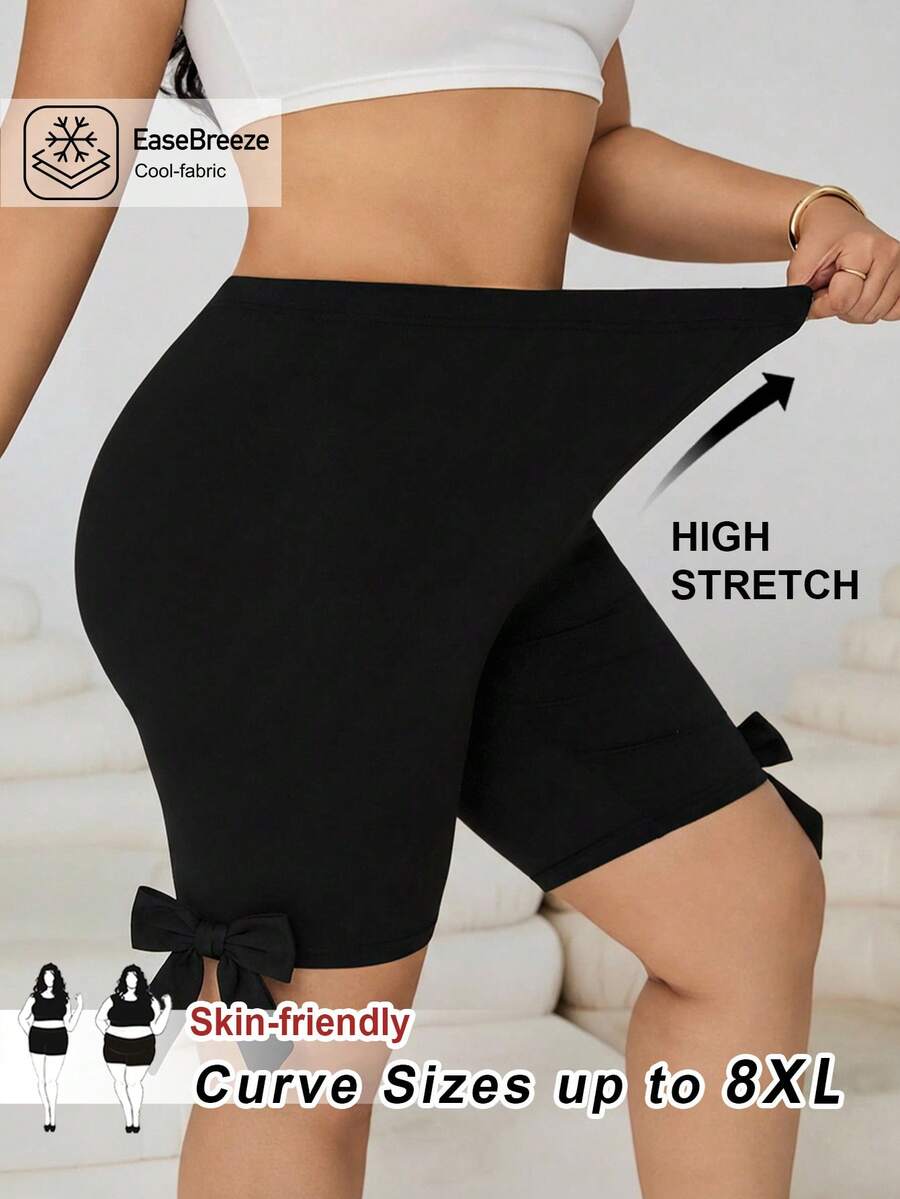 SHEIN CURVE+ 大尺碼女款純色彈性腰休閒可愛基礎短褲 運動健身黑色夏季辦公通勤運動裝 - 黑色 - 查看 1