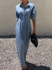 Livesso Summer Autumn Collared Long Sleeve Button-Up Waist-Cinching Light Blue Solid Color Women's Denim Dress Vacation - Blue - View 7