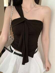 DAZY Sexy Cold ShoulderTank Top, New Summer Design With Asymmetrical Pleated Details, Fitted Cropped Top - Brown - View 6