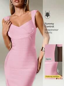 Nuvra Gaun Pesta Midi Bodycon Rajut Bergaris Burgundy dengan Potongan Pinggang Pas untuk Wanita - Baby Pink - View 2